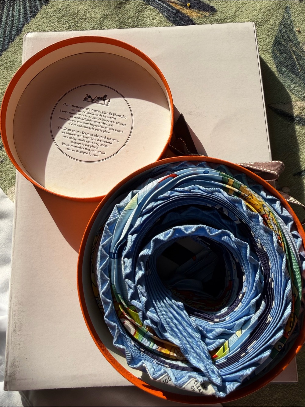 Hermés Pleated Plisse ‘La Mécanique des Idées’ blue 100% silk scarf